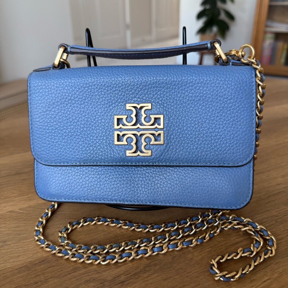 Tory Burch Britten Mini Top Handle Chain Strap Crossbody Pebbled Leather Blue